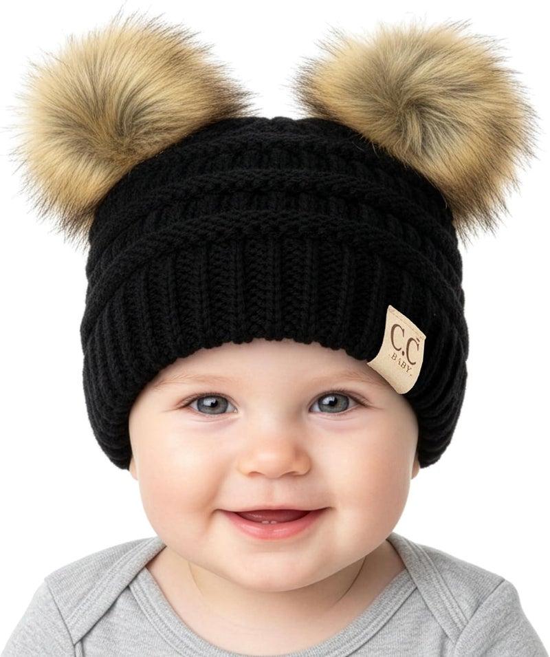 Funky Junque Double Pom Pom Baby Beanie – Newborn Girl Winter Hat 0–12 Months, Cute Cozy Knit Infant Beanies for Cold Weather - Image 1